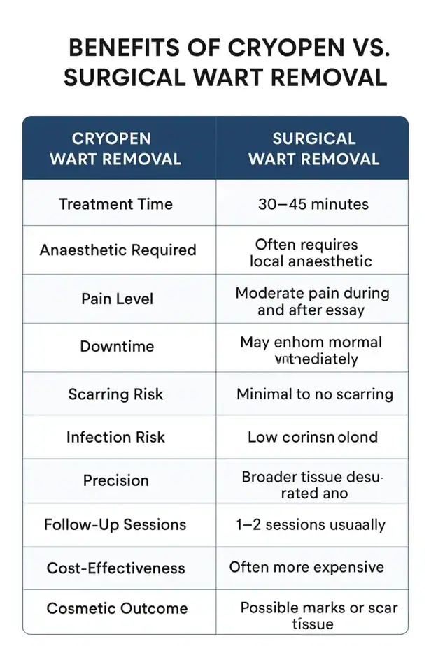 Table showing the benefits of cryopen to remove warts Witney compared to surgical treatment